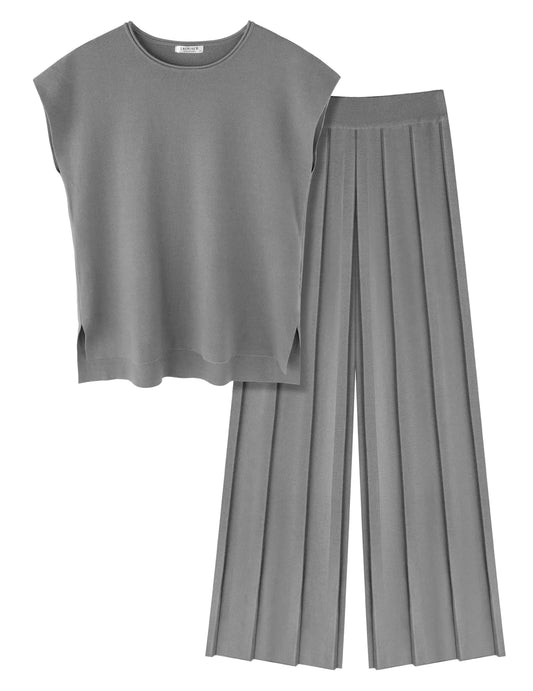 Ekouaer Lounge Sets for Women Two Piece Outfits Knit Cap Sleeve Tops Wide Leg Pleated Pants Casual Dressy Sweater Sets Light Gray XX-Large