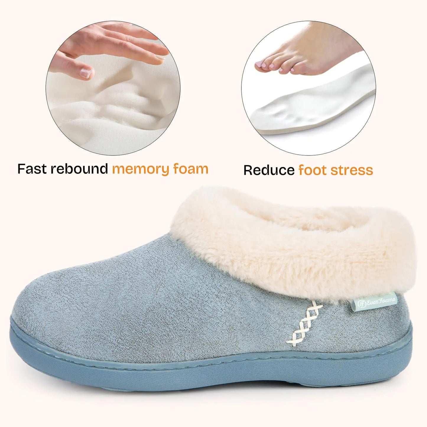 EverFoams Women's Micro Suede Cozy Memory Foam Winter Slippers with Fuzzy Faux Fur Collar and Indoor Outdoor Rubber Sole 11-12 Blue