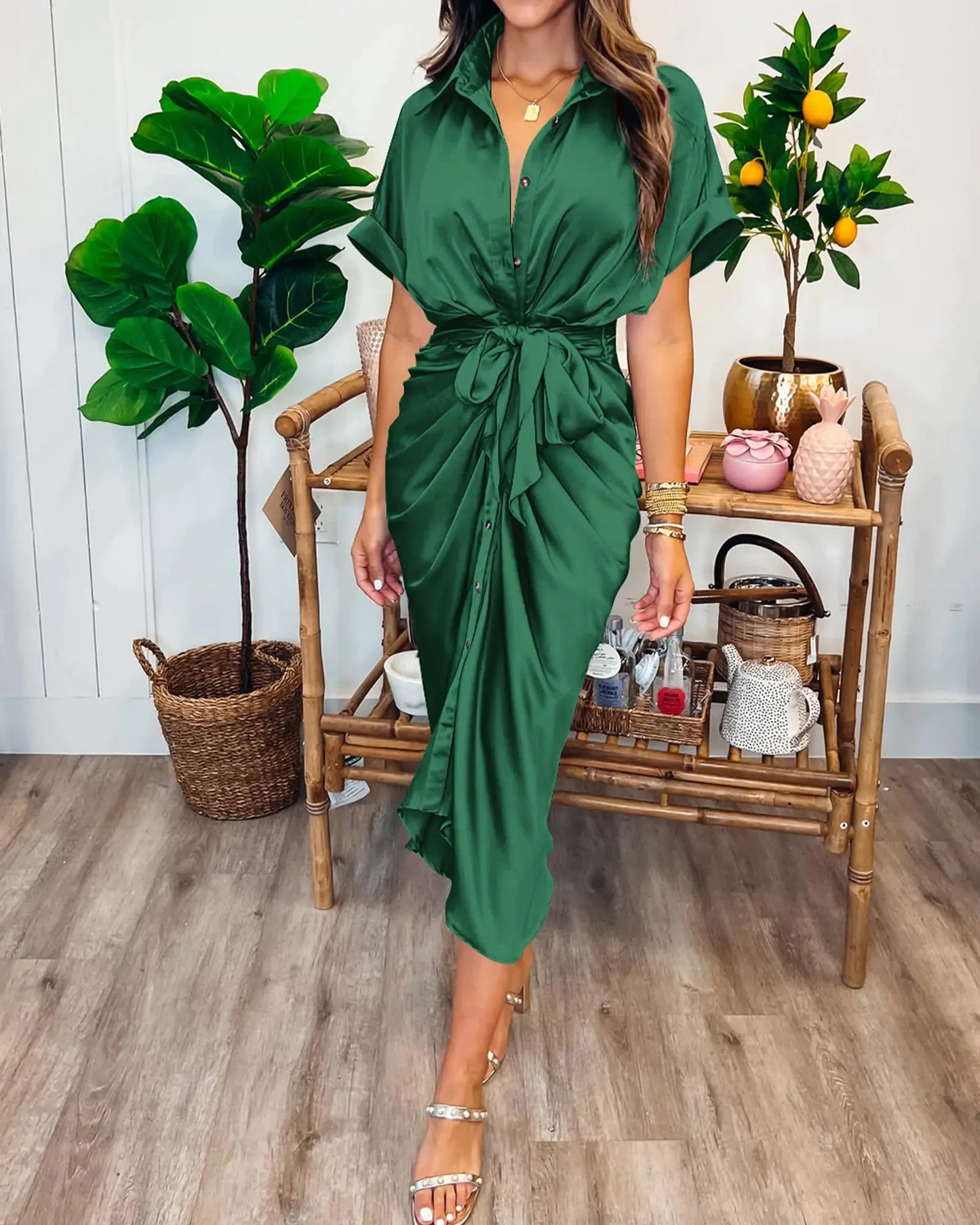 BTFBM 2024 Women Button Down Ruched Shirt Dresses Short Sleeve Lapel V Neck Elegant Party Spring Summer Maxi Satin Dress Large Short Sleeve Deep Green