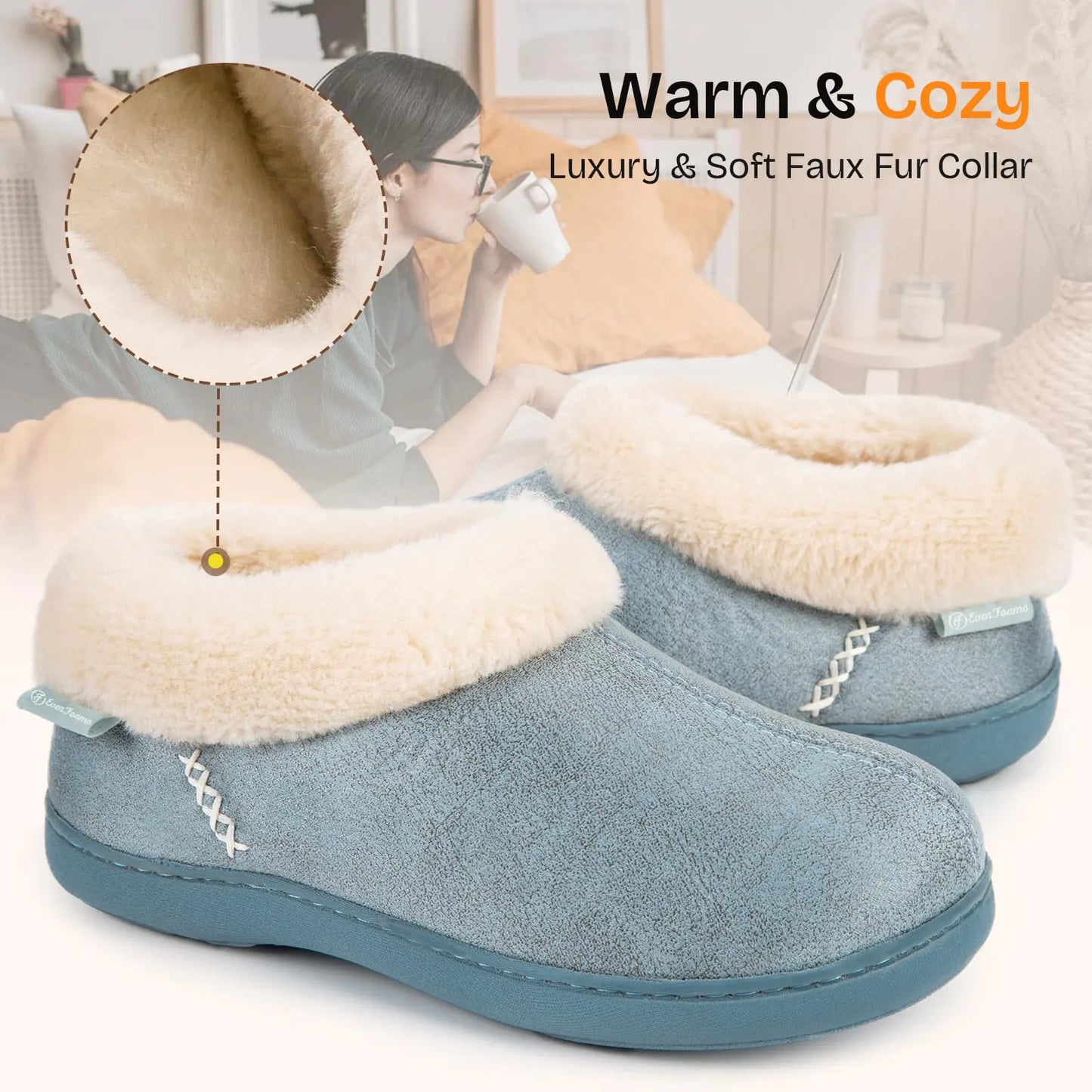 EverFoams Women's Micro Suede Cozy Memory Foam Winter Slippers with Fuzzy Faux Fur Collar and Indoor Outdoor Rubber Sole 11-12 Blue