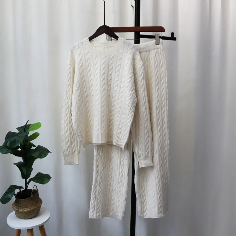 Sweater Pullover Plus Knitted Wide-legged Pants Two-piece Set