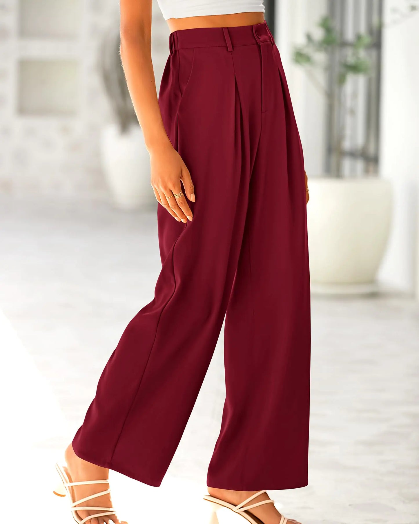 BTFBM Women High Waist Casual Wide Leg Long Palazzo Pants Button Down Loose Business Work Office Trousers with Pockets Medium Solid Wine Red