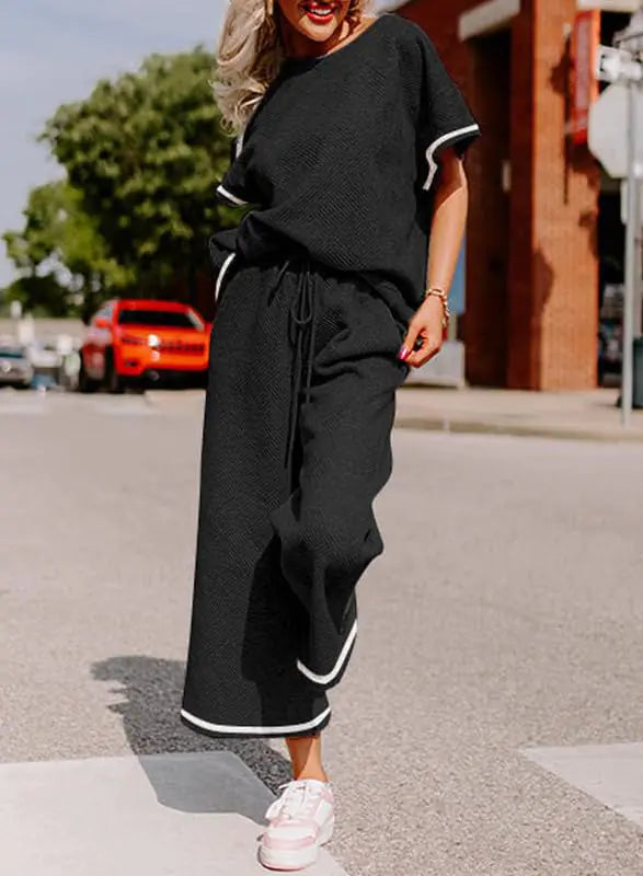 SHEWIN Women's 2 Piece Outfits Sweatsuit Casual Short Sleeve Pullover Tops and Drawstring Wide Leg Pants Lounge Sets X-Large D Striped Black White