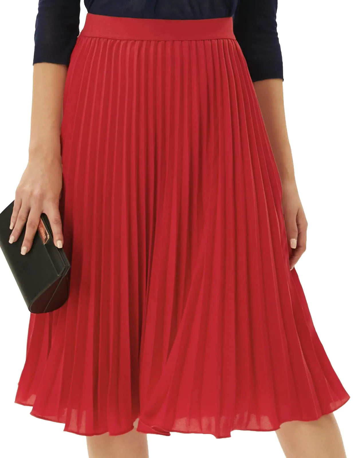 GRACE KARIN Women High Elastic Waist Pleated Chiffon Skirt Midi Swing A-line Skirts Red X-Large