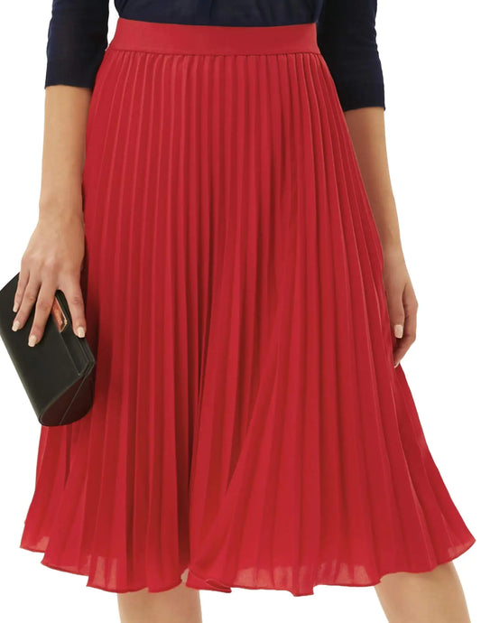 GRACE KARIN Women High Elastic Waist Pleated Chiffon Skirt Midi Swing A-line Skirts Red X-Large