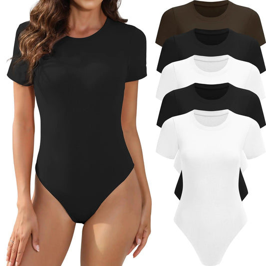 5 Pack Body Suits for Womens Short Sleeve Round Neck Casual Stretchy Basic T Shirt Bodysuit Tops 5pack：black,black,white,white,coffee XX-Large