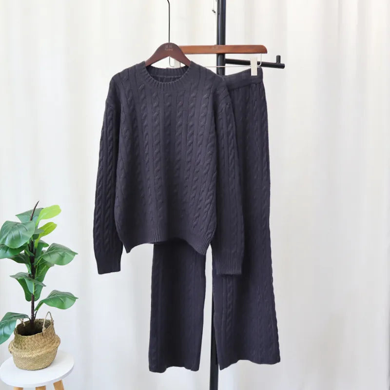 Sweater Pullover Plus Knitted Wide-legged Pants Two-piece Set