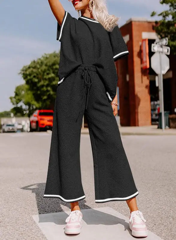 SHEWIN Women's 2 Piece Outfits Sweatsuit Casual Short Sleeve Pullover Tops and Drawstring Wide Leg Pants Lounge Sets X-Large D Striped Black White