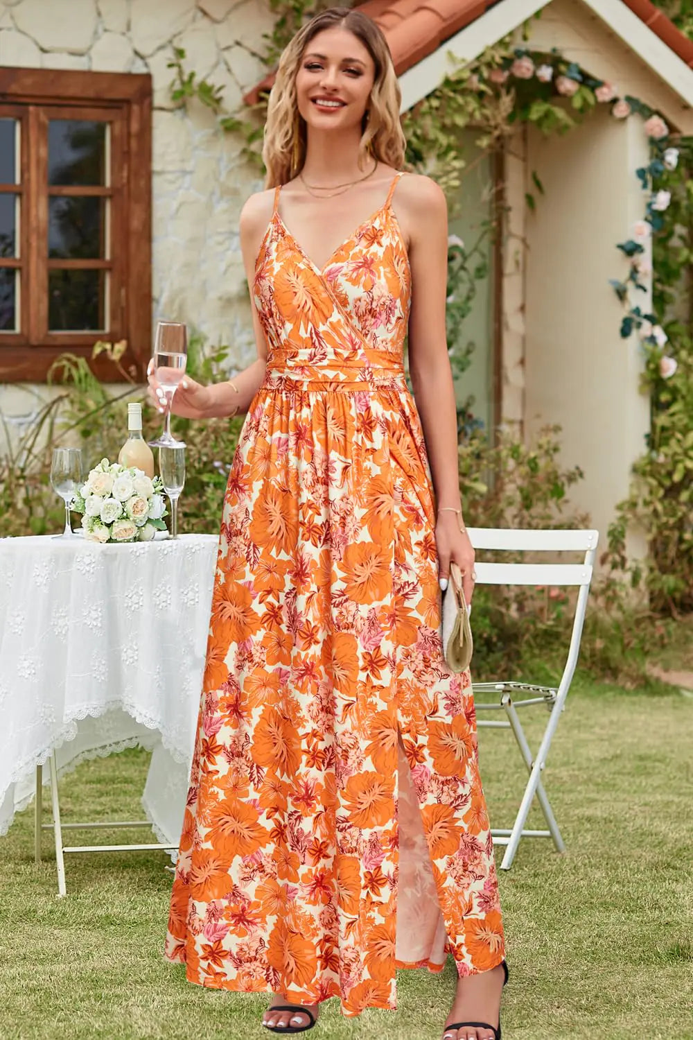 Newshows Women's 2024 Summer Maxi Dress Spaghetti Strap Spring Casual Boho V Neck Split Beach Long Flowy Dresses Trendy X-Large Orange Floral Pink