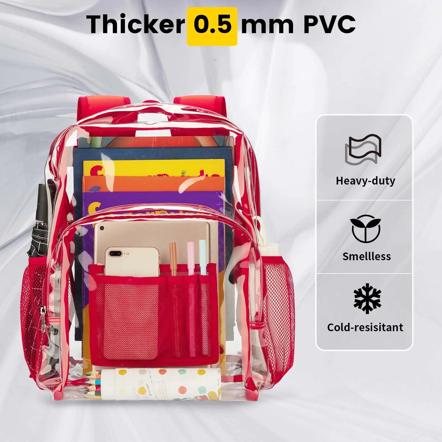 Vorspack Clear Backpack Heavy Duty - PVC Transparent Backpack Large Clear Book Bag for College Work Red