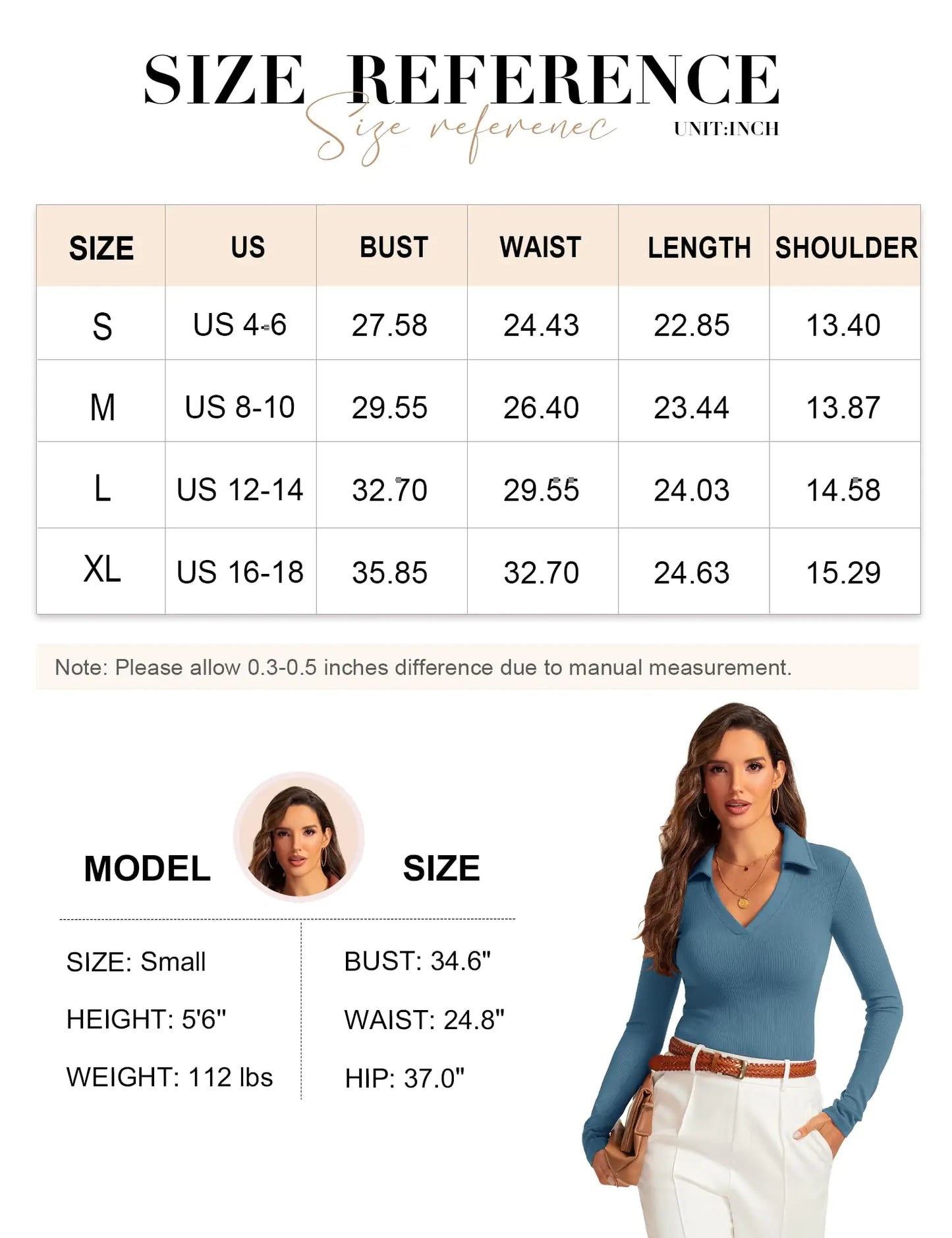 Womens Long Sleeve V Neck Polo Shirts Business Casual Collared Work Top Slim Fitted Basic 2024 Fall Shirt Dustblue Small