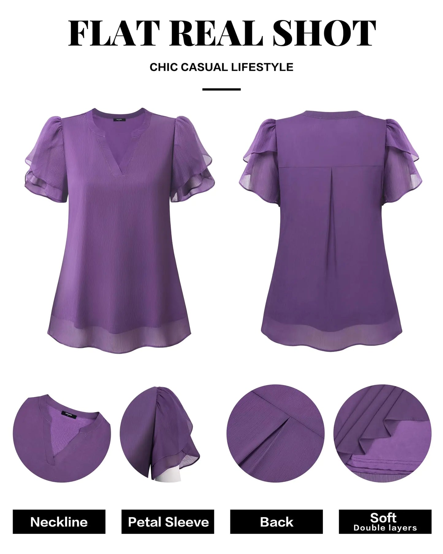 Lotusmile Womens Dressy Chiffon Blouses Summer Puff Petal Short Sleeve Shirts V Neck Casual Work Tops Medium Purple