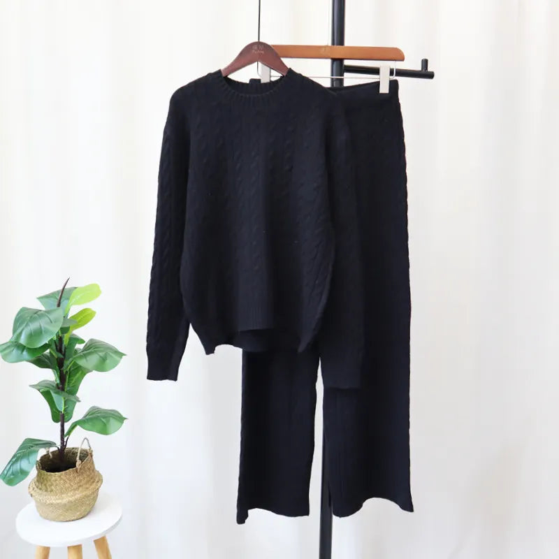 Sweater Pullover Plus Knitted Wide-legged Pants Two-piece Set