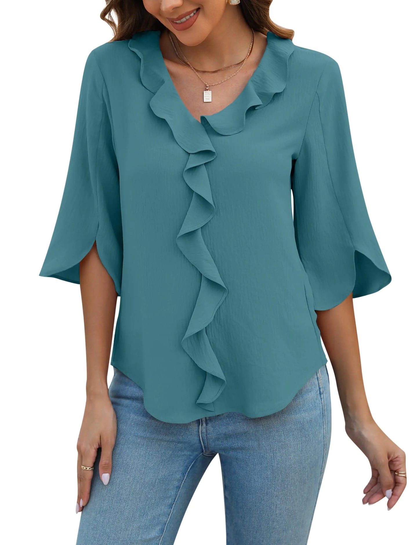 Blooming Jelly Womens Dressy Casual Blouses 3/4 Sleeve V Neck Ruffle Tops Business Ladies Summer 2024 Trendy Work Shirt Standard X-Large Teal