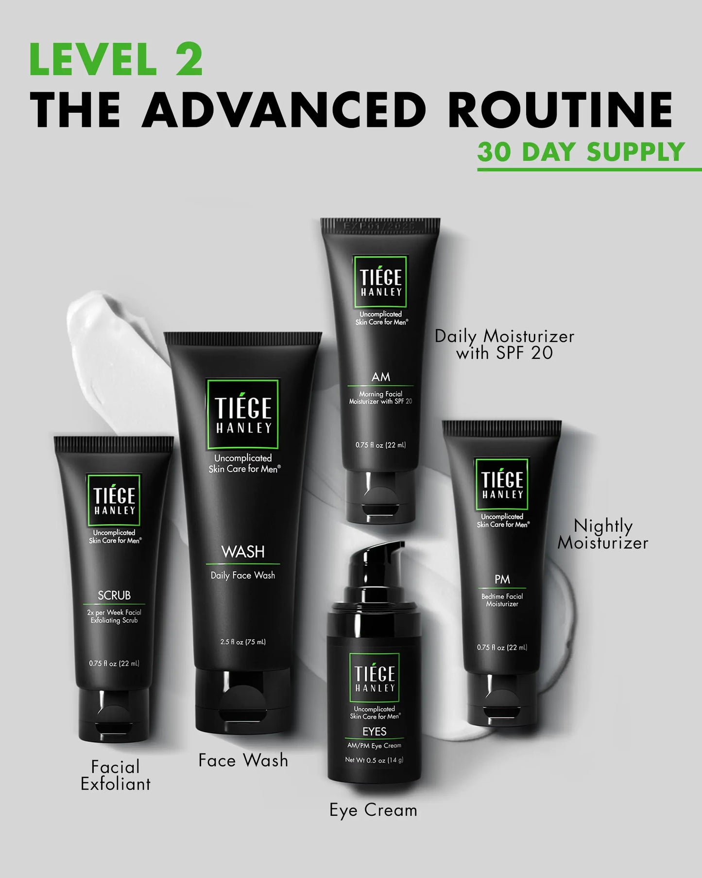 Tiege Hanley Mens Skin Care Set, Advanced Skin Care Routine for Men (System Level 2) - Face Wash Kit for Fines Lines - Men's Skincare Set Includes Face Wash, Facial Scrub, Moisturizer, & Eye Cream 5 Piece Set