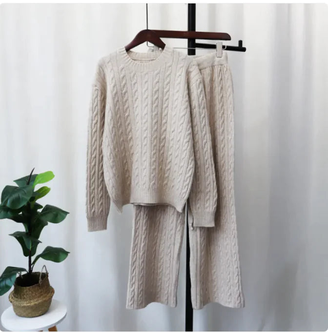 Sweater Pullover Plus Knitted Wide-legged Pants Two-piece Set