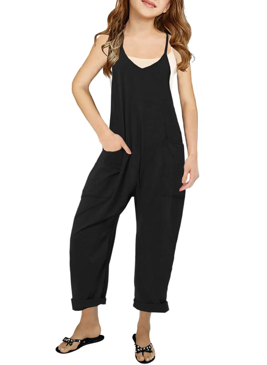 Cnkwei Girls' Casual Sleeveless Jumpsuits Spaghetti Strap Loose Romper Long Pants with Pockets 11-12 Years Modern Black