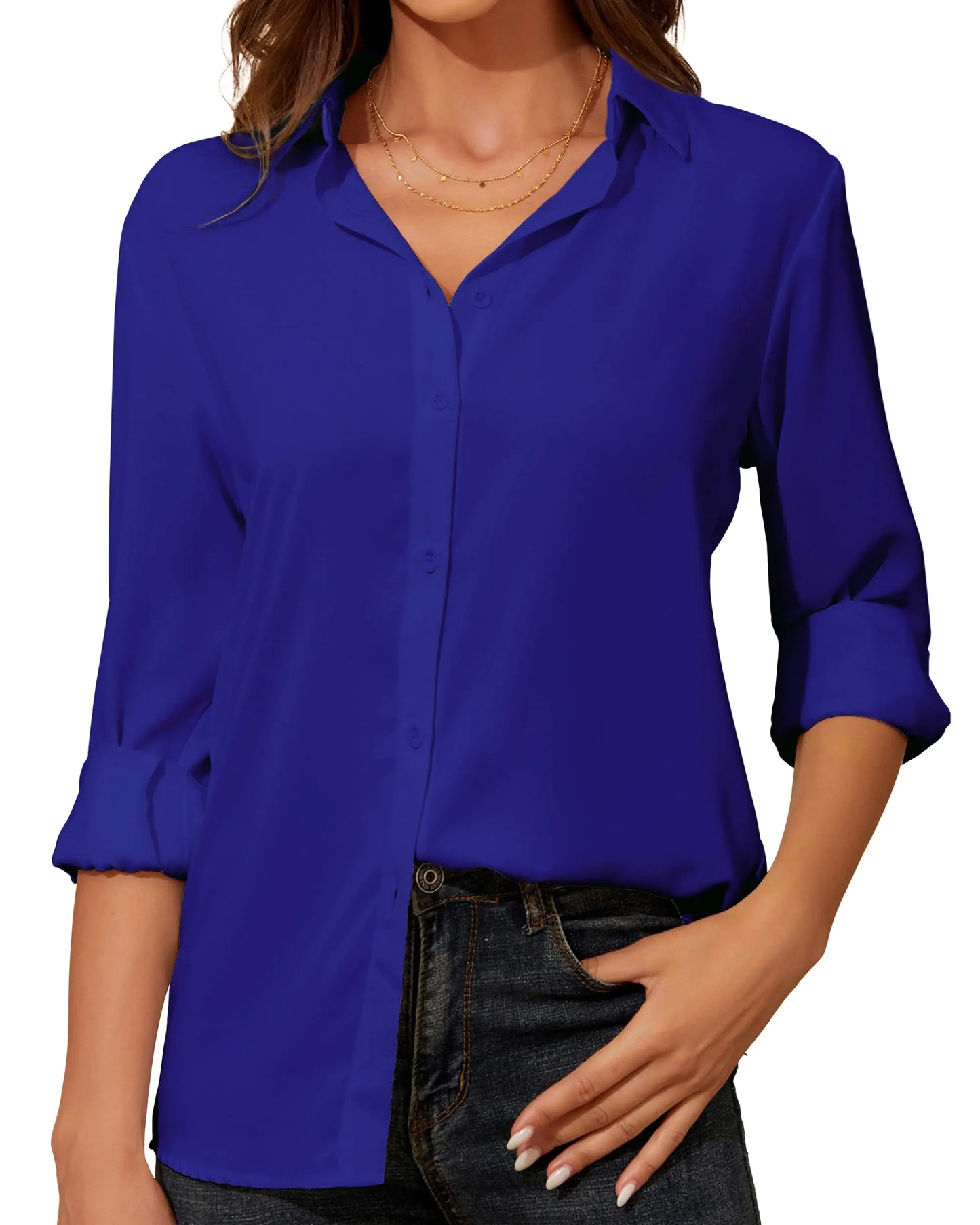 YAMANMAN Womens Button Down Shirt Long Sleeve Classic Collared Tops Work Office Casual Chiffon Blouse Royal Blue Small