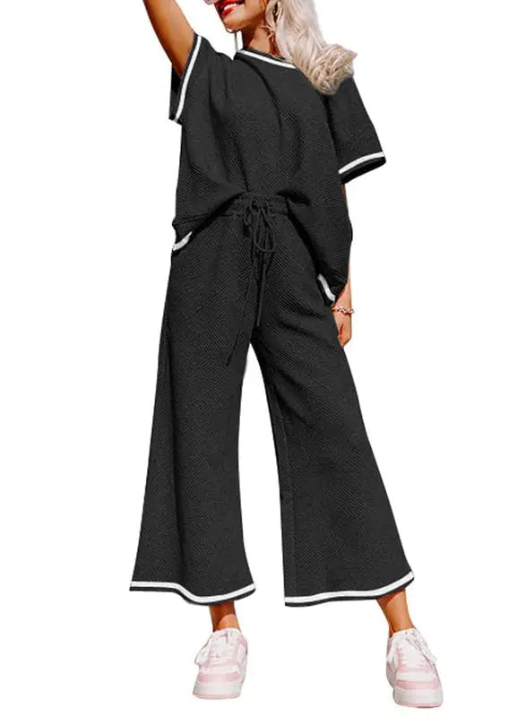 SHEWIN Women's 2 Piece Outfits Sweatsuit Casual Short Sleeve Pullover Tops and Drawstring Wide Leg Pants Lounge Sets X-Large D Striped Black White