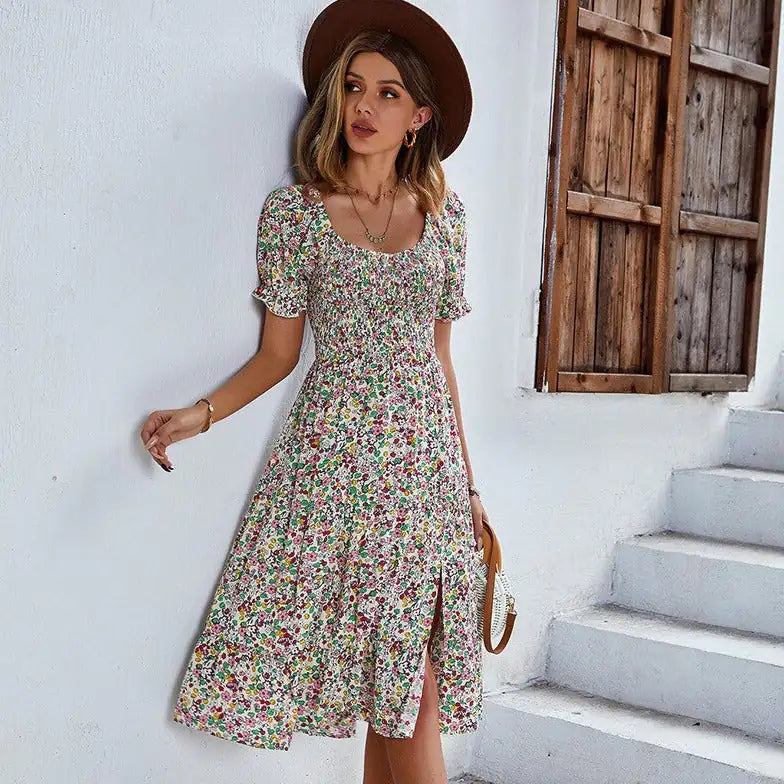 Beach Floral Patchwork Dress Smocked Sleeve V Neck Mini Long Sleeve Dresses