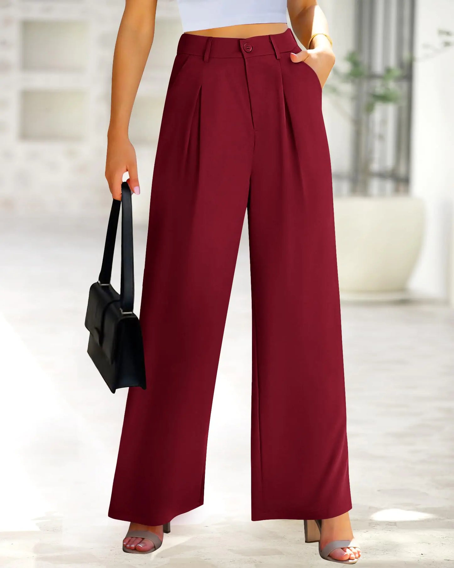 BTFBM Women High Waist Casual Wide Leg Long Palazzo Pants Button Down Loose Business Work Office Trousers with Pockets Medium Solid Wine Red