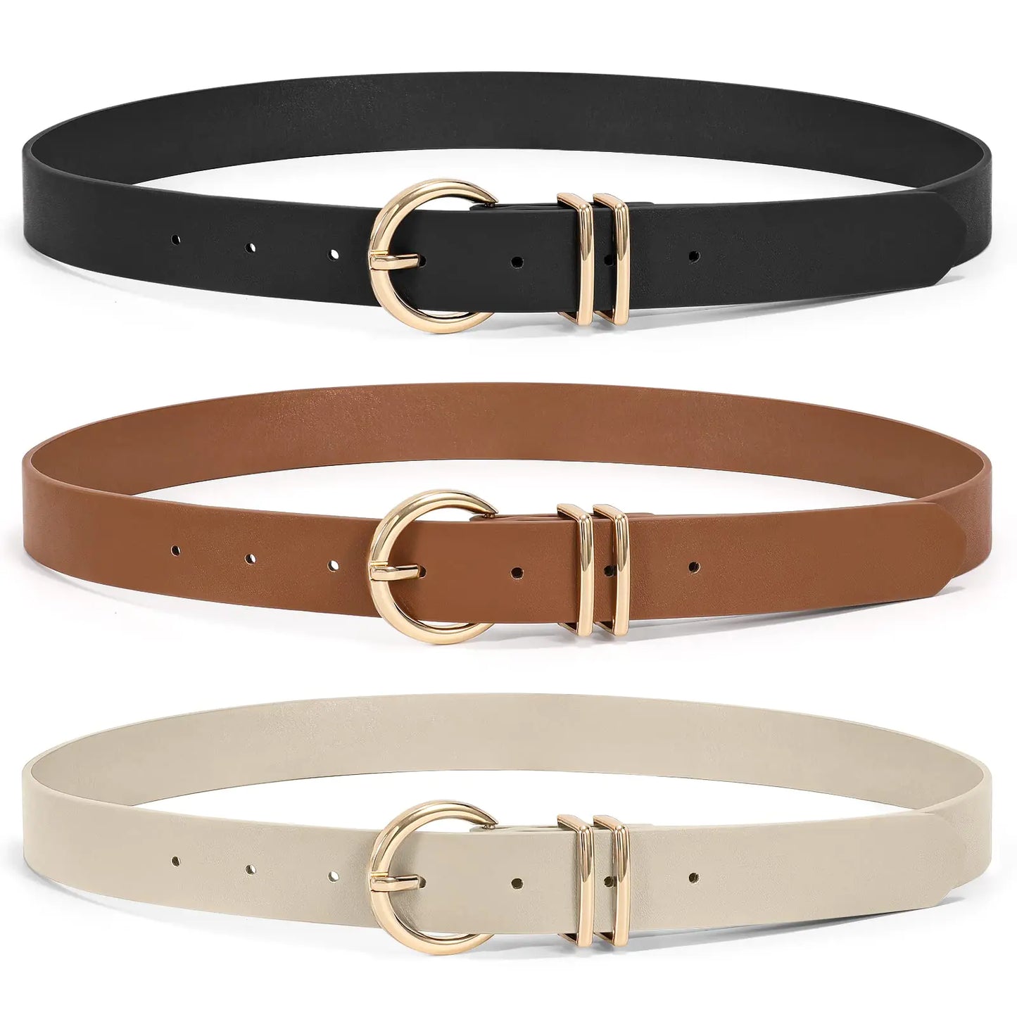 XZQTIVE 3 Pack Women Belts For Jeans Dresses Pants Ladies Leather Waist Belt with Gold Buckle 00 Black+brown+beige Fit Pant 25-30in